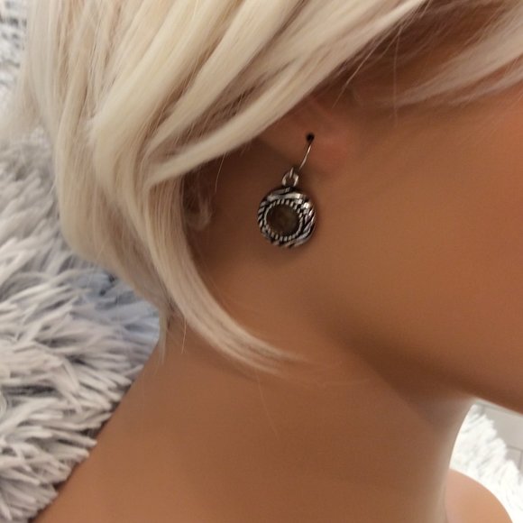 Vintage Silver Drop Earrings with Green Amber Looking Stone - Picture 14 of 15